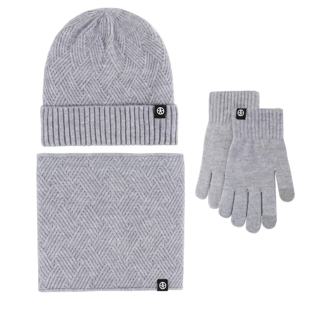 Men Winter Knitted Beanie Scarf & Gloves Set Grey