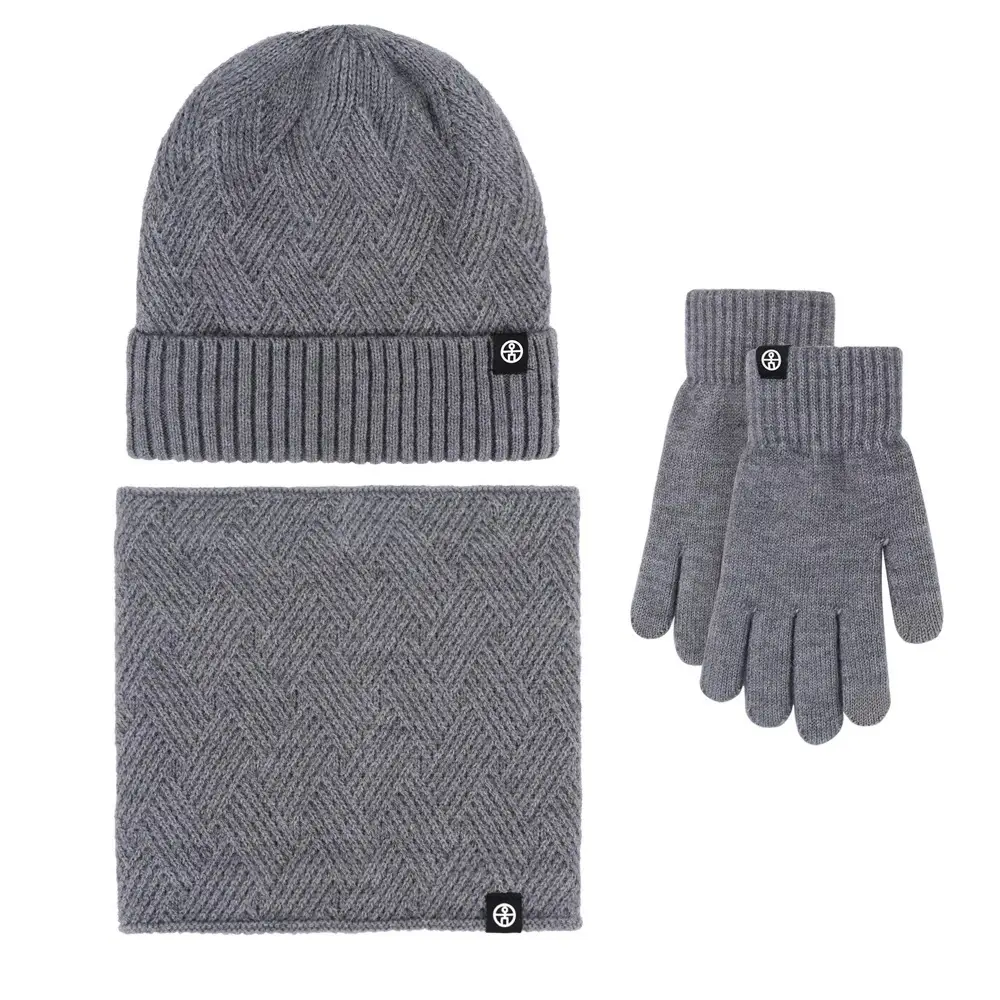 Men Winter Knitted Beanie Scarf & Gloves Set Grey