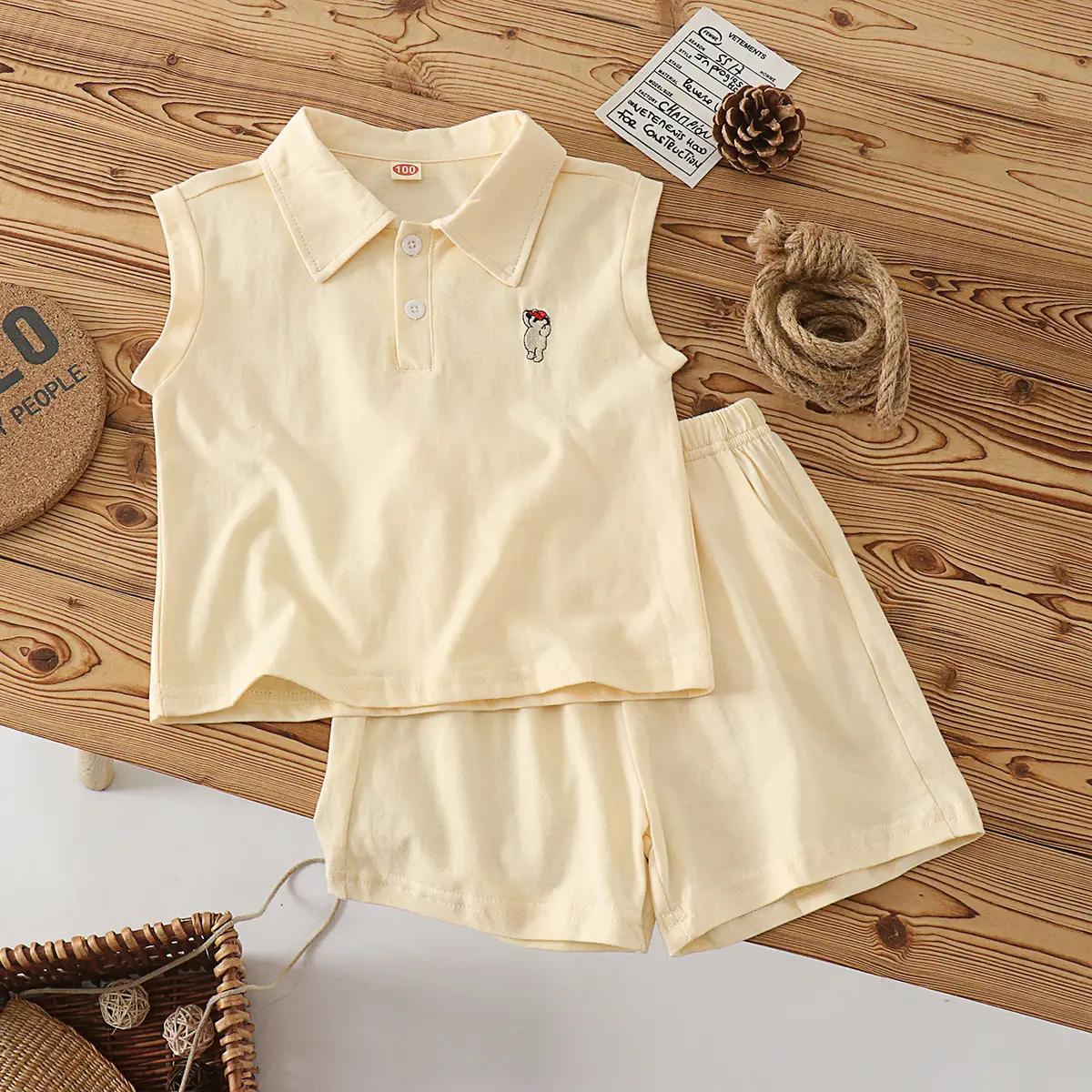 Brown Sleeveless Kids Shorts Set for Summer - Image 2