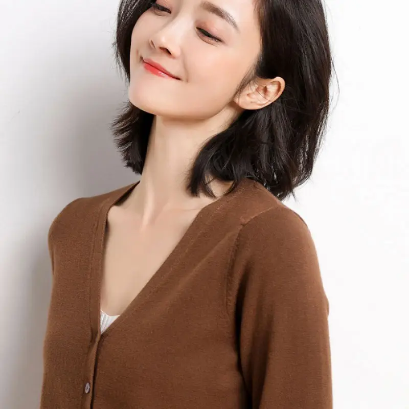 Women's New Cardigan Coat Short Knitted Sweater Outerwear White - Image 9