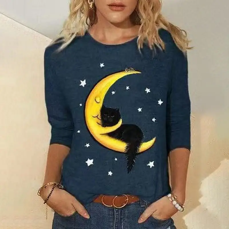 3D Digital Printed Long Sleeve T-Shirt Black Cat Design