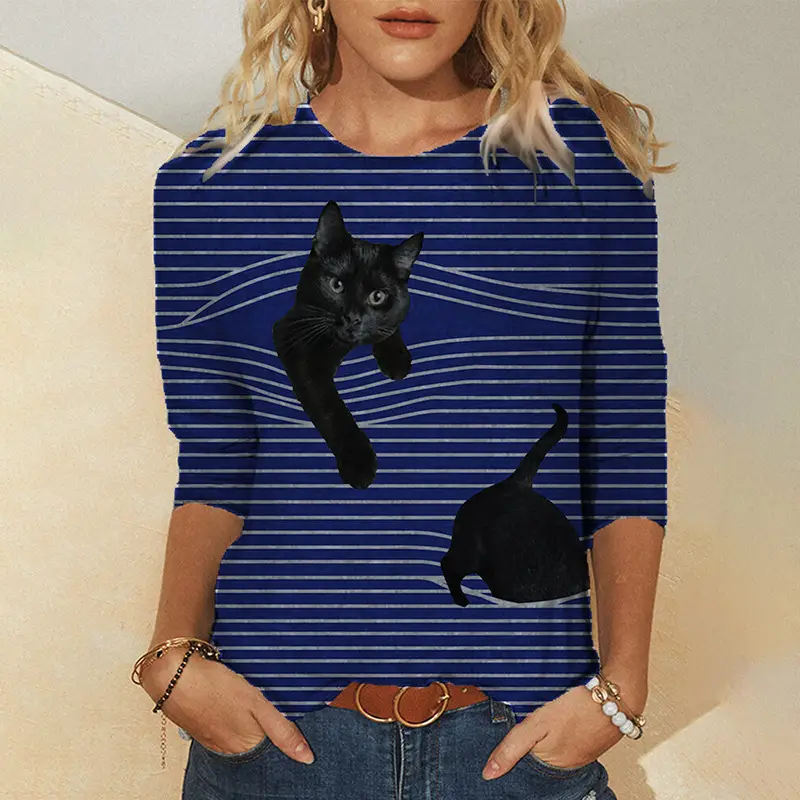 3D Digital Printed Long Sleeve T-Shirt Black Cat Design