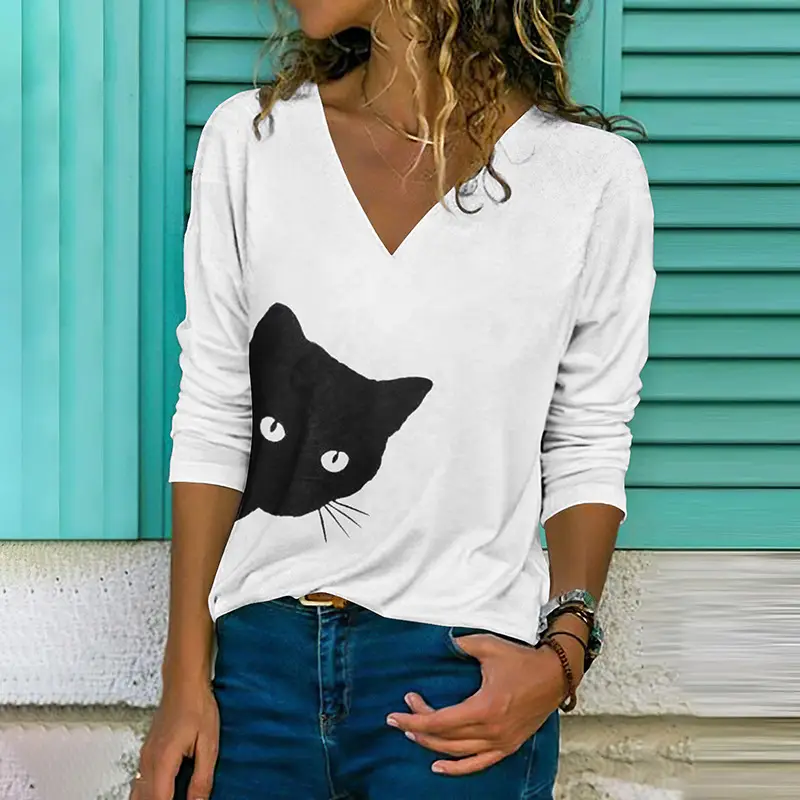 3D Digital Printed Long Sleeve T-Shirt Black Cat Design