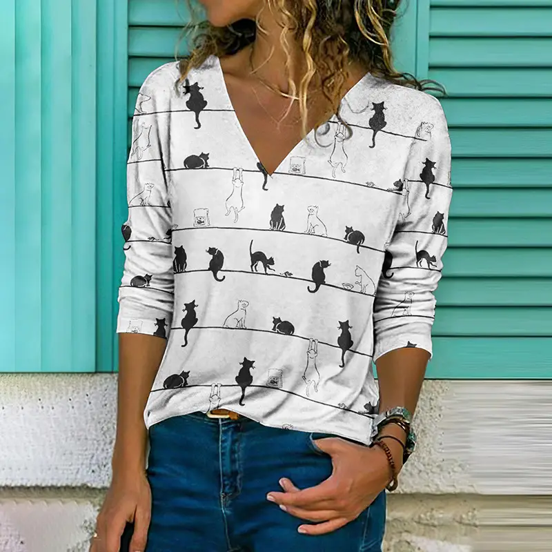 3D Digital Printed Long Sleeve T-Shirt Black Cat Design