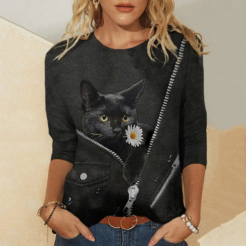3D Digital Printed Long Sleeve T-Shirt Black Cat Design