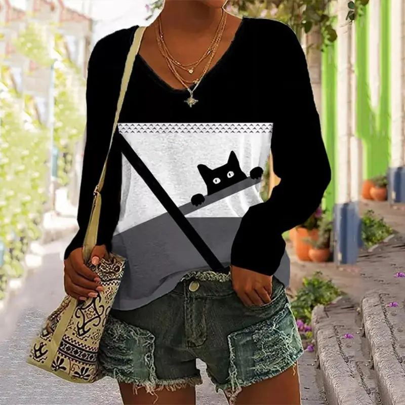 3D Digital Printed Long Sleeve T-Shirt Black Cat Design