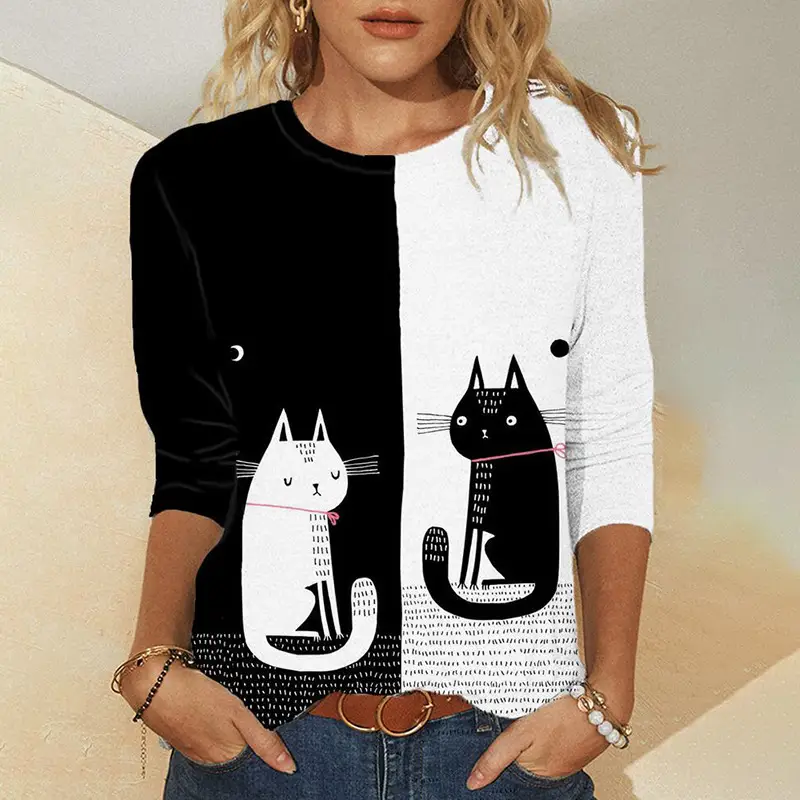 3D Digital Printed Long Sleeve T-Shirt Black Cat Design