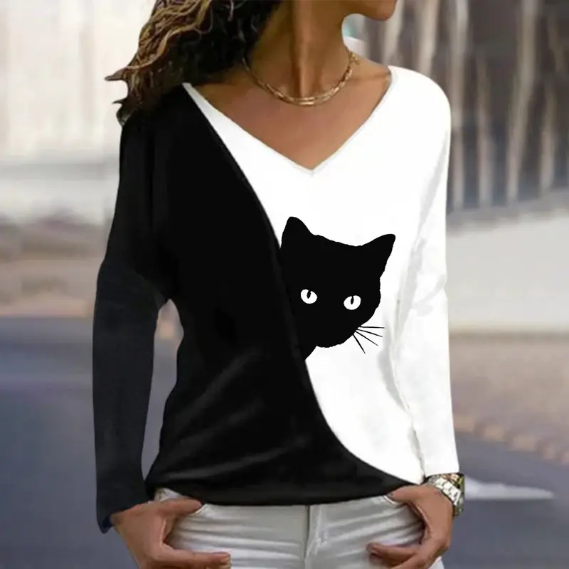 3D Digital Printed Long Sleeve T-Shirt Black Cat Design