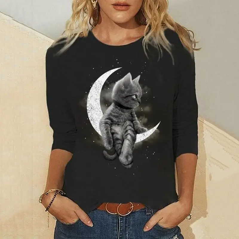 3D Digital Printed Long Sleeve T-Shirt Black Cat Design