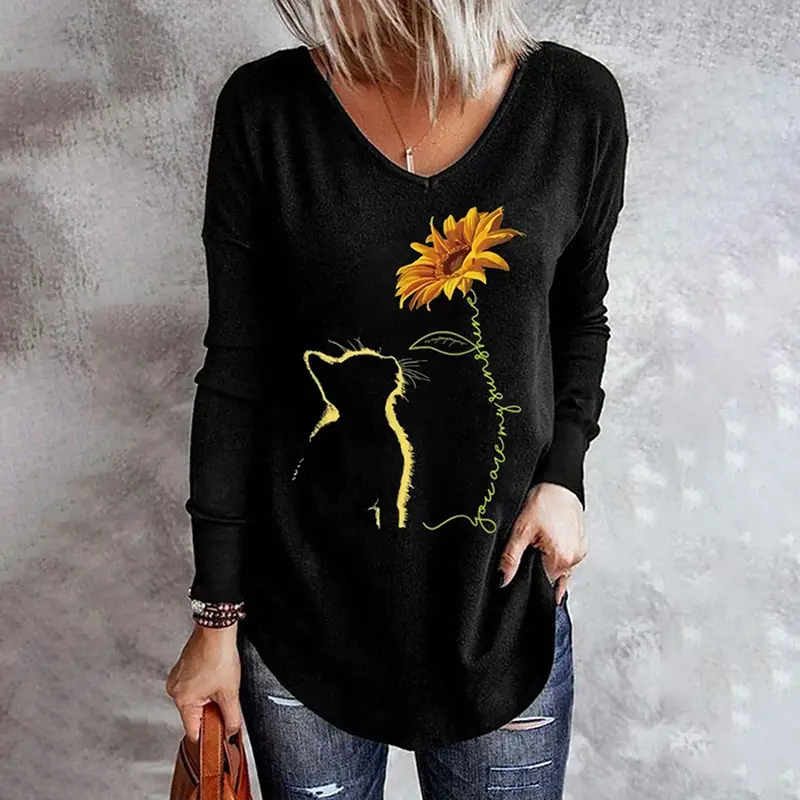 3D Digital Printed Long Sleeve T-Shirt Black Cat Design
