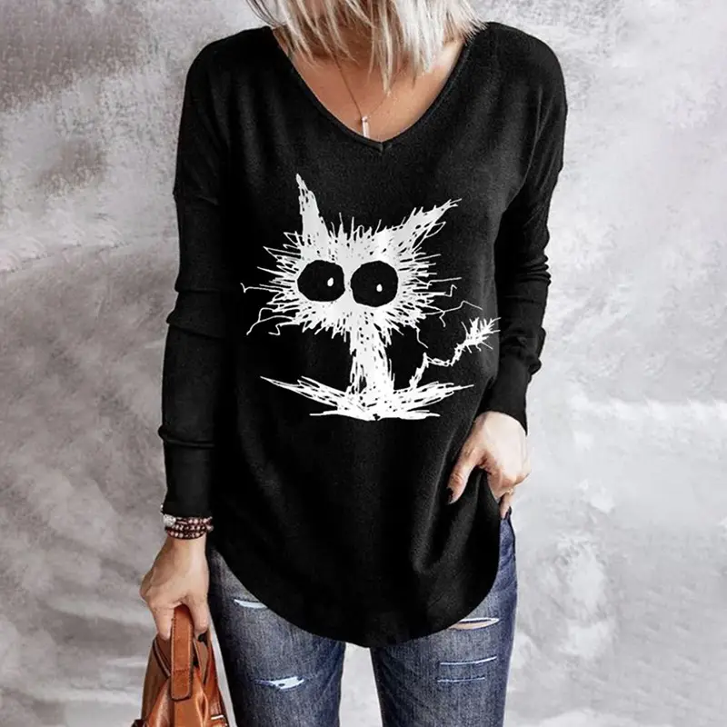 3D Digital Printed Long Sleeve T-Shirt Black Cat Design