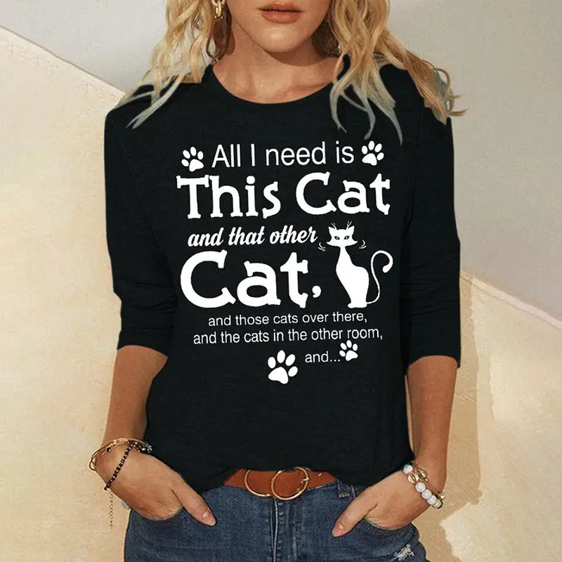 3D Digital Printed Long Sleeve T-Shirt Black Cat Design