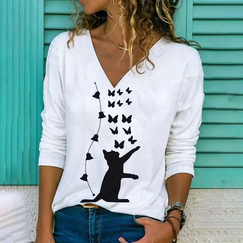 3D Digital Printed Long Sleeve T-Shirt Black Cat Design