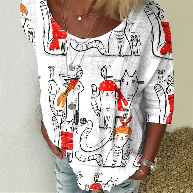 3D Digital Printed Long Sleeve T-Shirt Black Cat Design