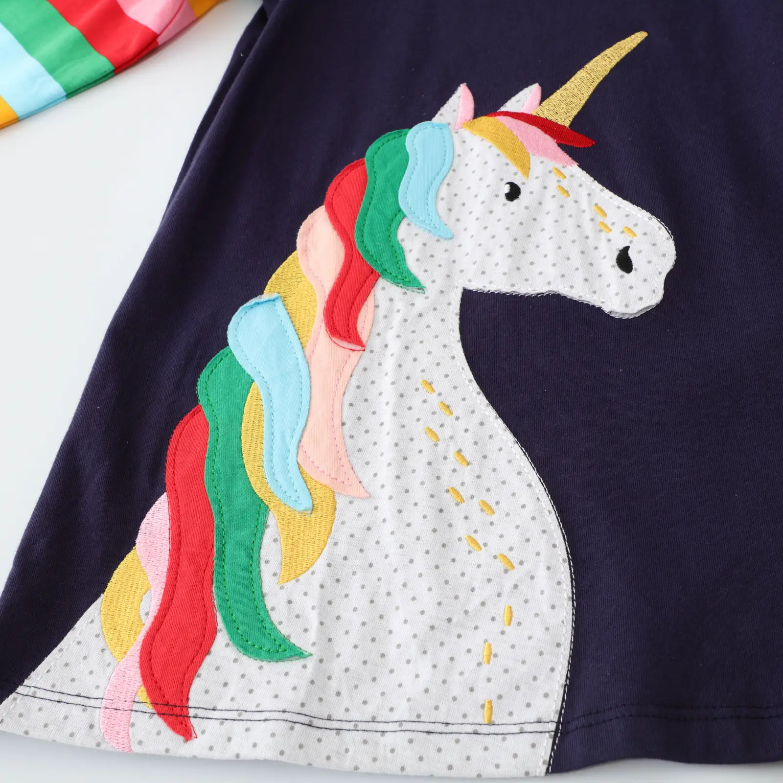 Girls Unicorn Embroidered Long Sleeve Dress Dark Blue - Image 4