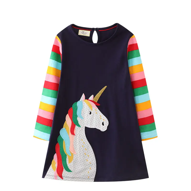 Girls Unicorn Embroidered Long Sleeve Dress Dark Blue - Image 6