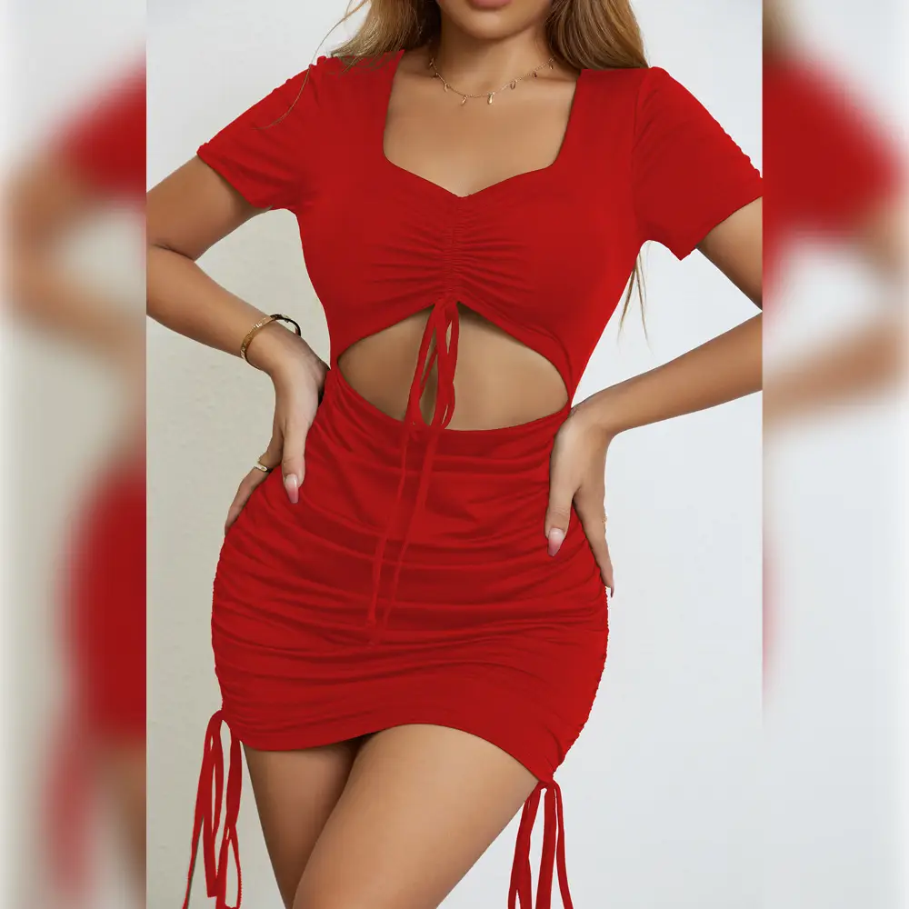 Crossbody Cut Out Dress for Women Brown Short Sleeve - Image 3