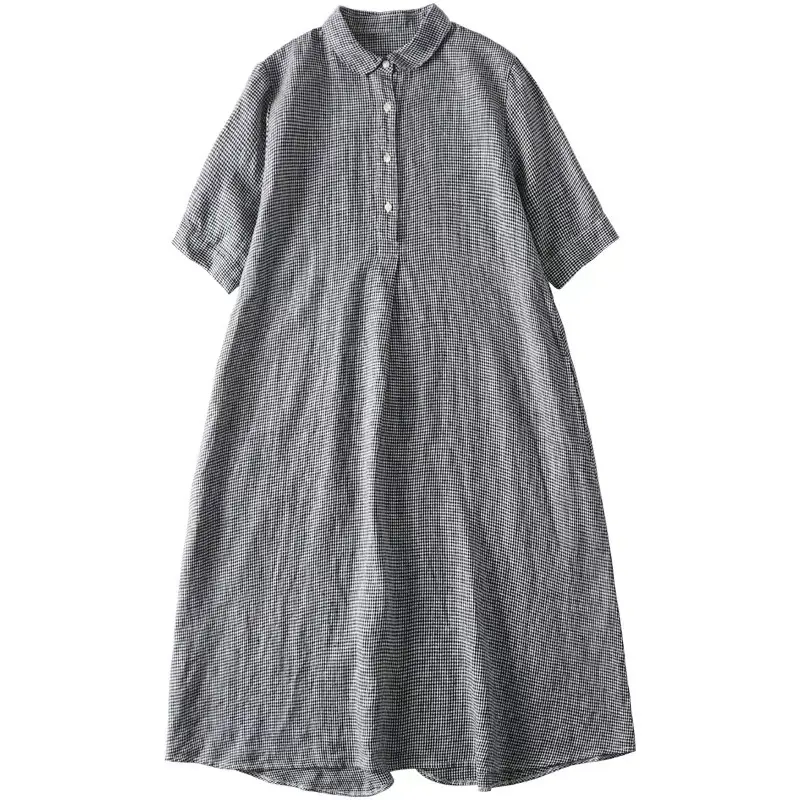 Japanese Linen Plaid Dress Vintage All-match Large Hem Loose Women's Long Dress