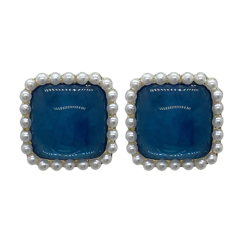 French Retro Blue Pearl Geometric Earrings for Women