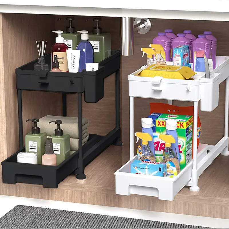 Double Layer Storage Rack Black Metal Bathroom Pull Out - Image 12