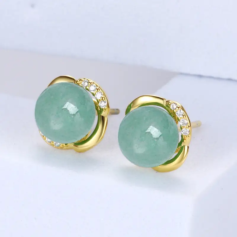 Korean Style Green Aventurine Earrings with Diamond Set - Image 2