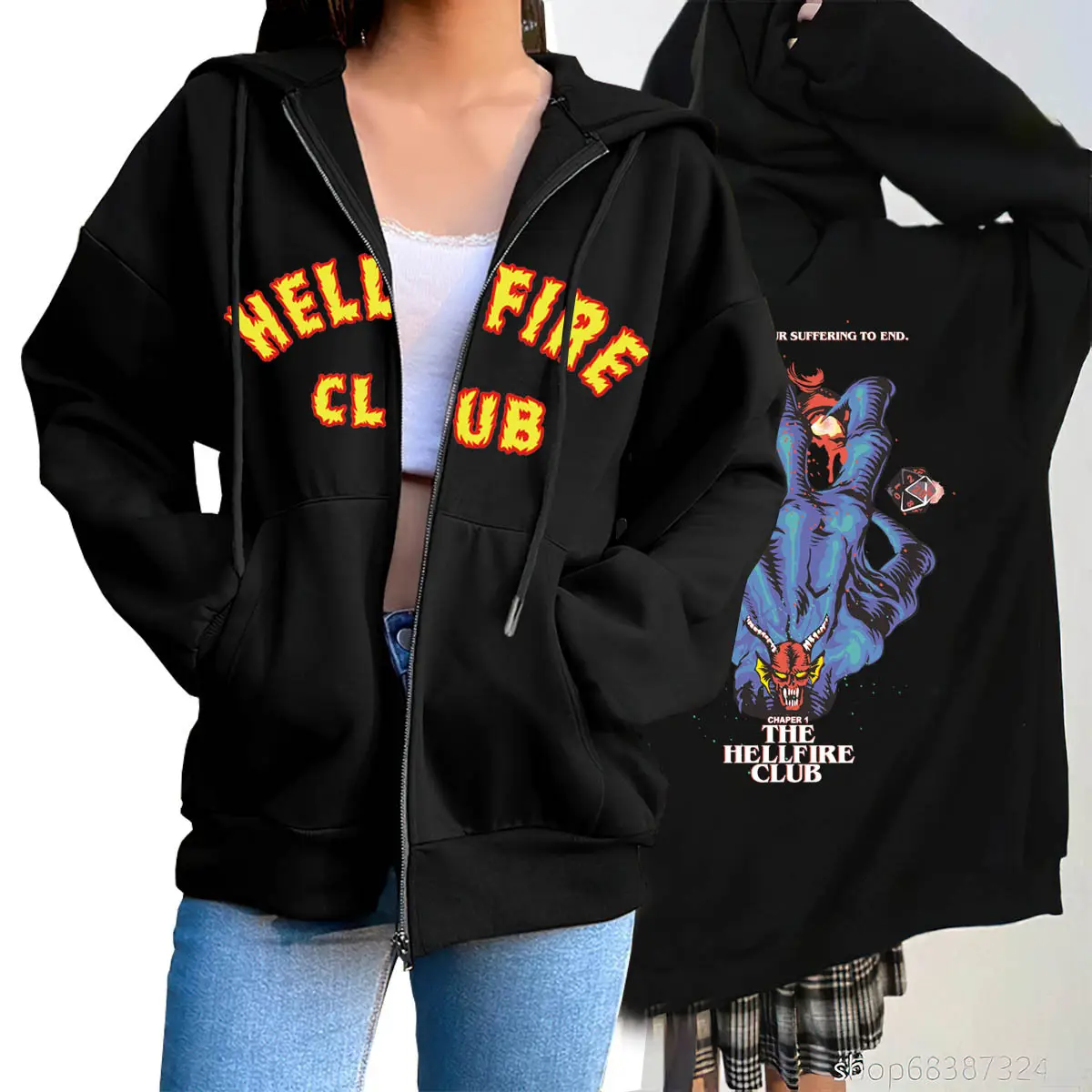 Stranger Things Hoodie Hellfire Club Black Zipper