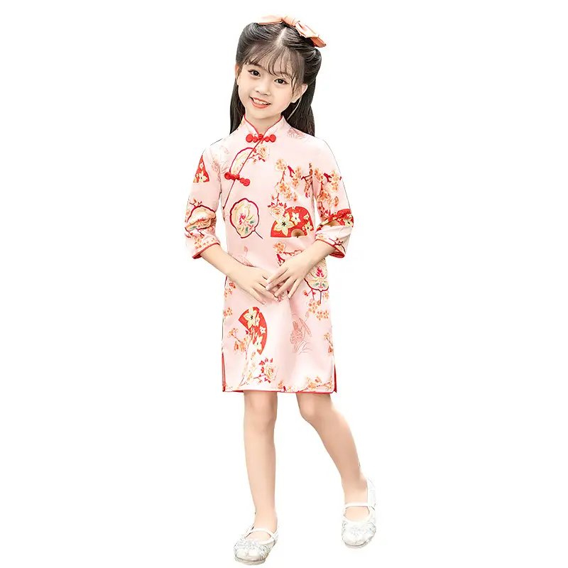 Girls' 2025 Mid-Sleeve Cheongsam Dress Red Artistic Chinese Style - Image 7