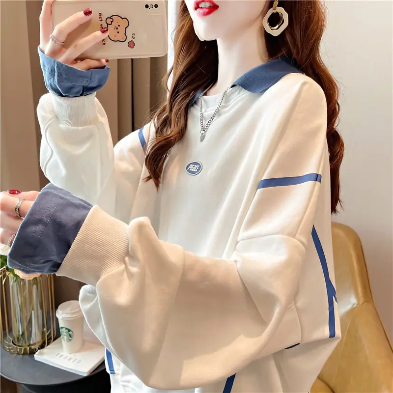 Women Polo Collar Sweater Medium Long Blue Sleeve - Image 3