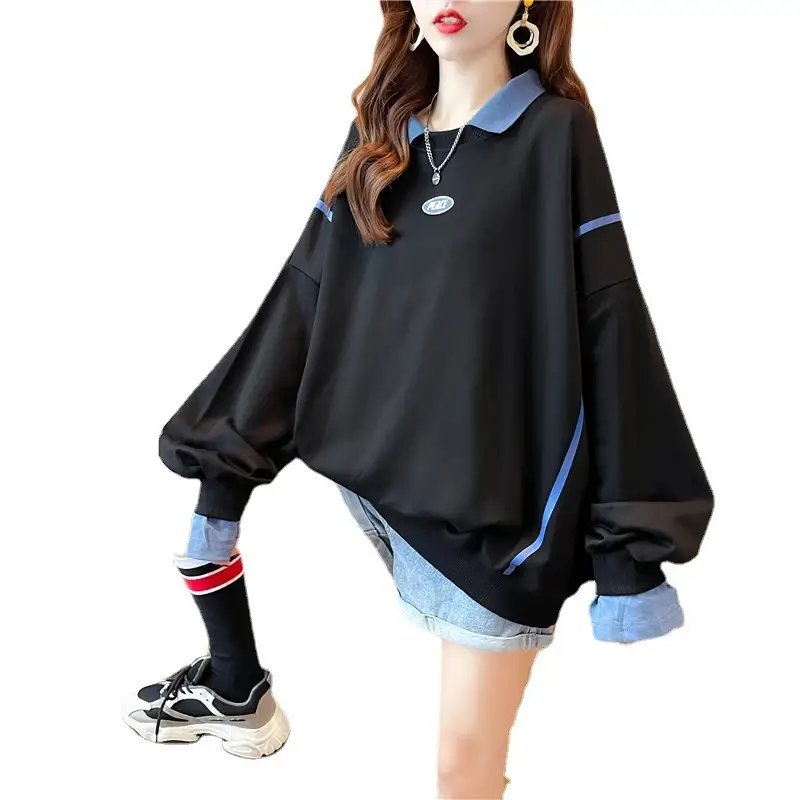 Women Polo Collar Sweater Medium Long Blue Sleeve - Image 6