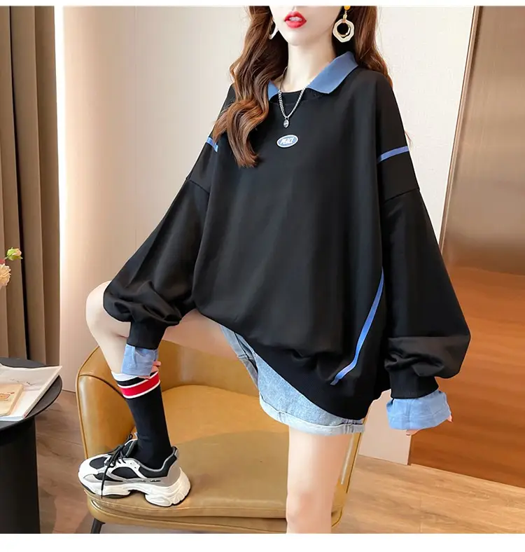 Women Polo Collar Sweater Medium Long Blue Sleeve — feature 13