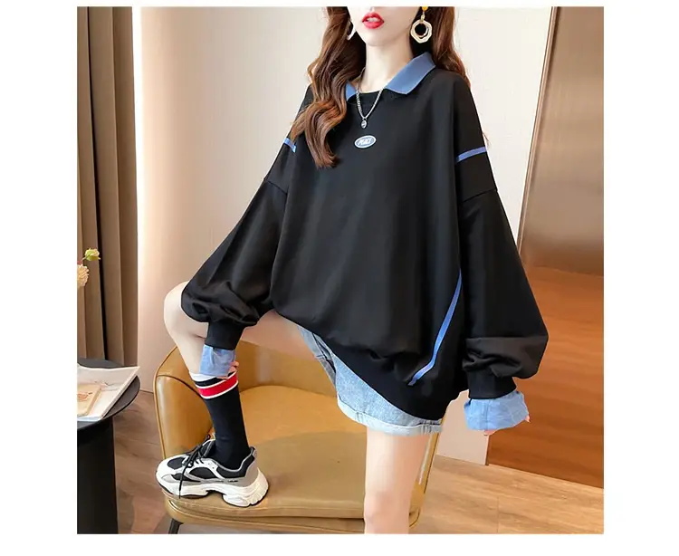 Women Polo Collar Sweater Medium Long Blue Sleeve — feature 16