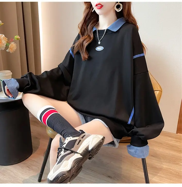 Women Polo Collar Sweater Medium Long Blue Sleeve — feature 17