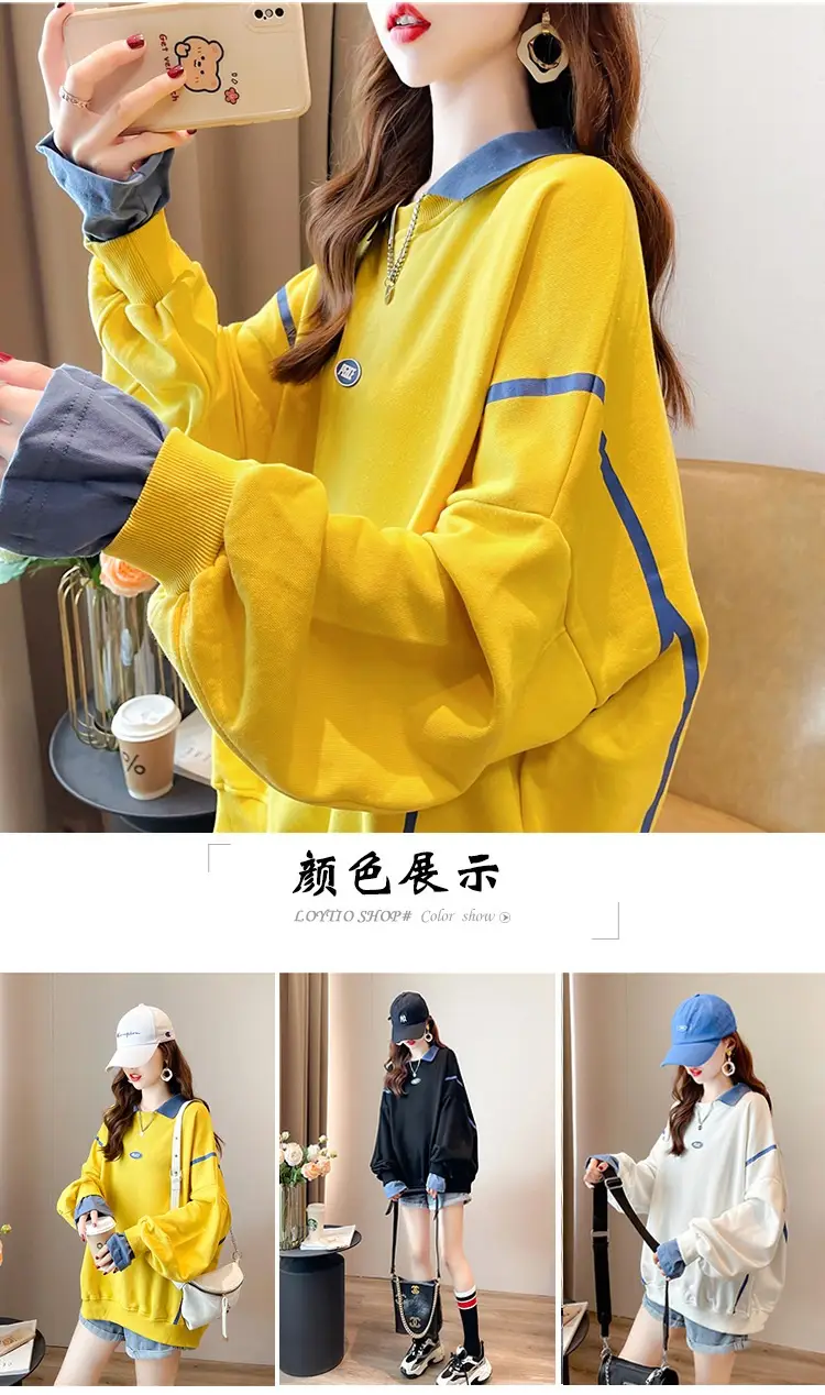 Women Polo Collar Sweater Medium Long Blue Sleeve — feature 2