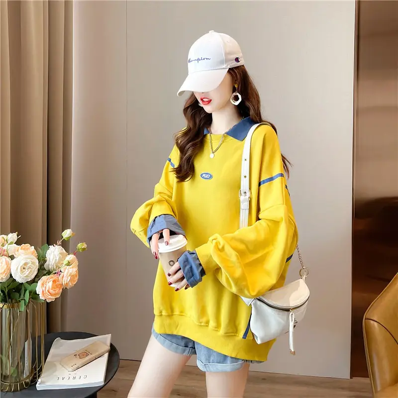 Women Polo Collar Sweater Medium Long Blue Sleeve — feature 24