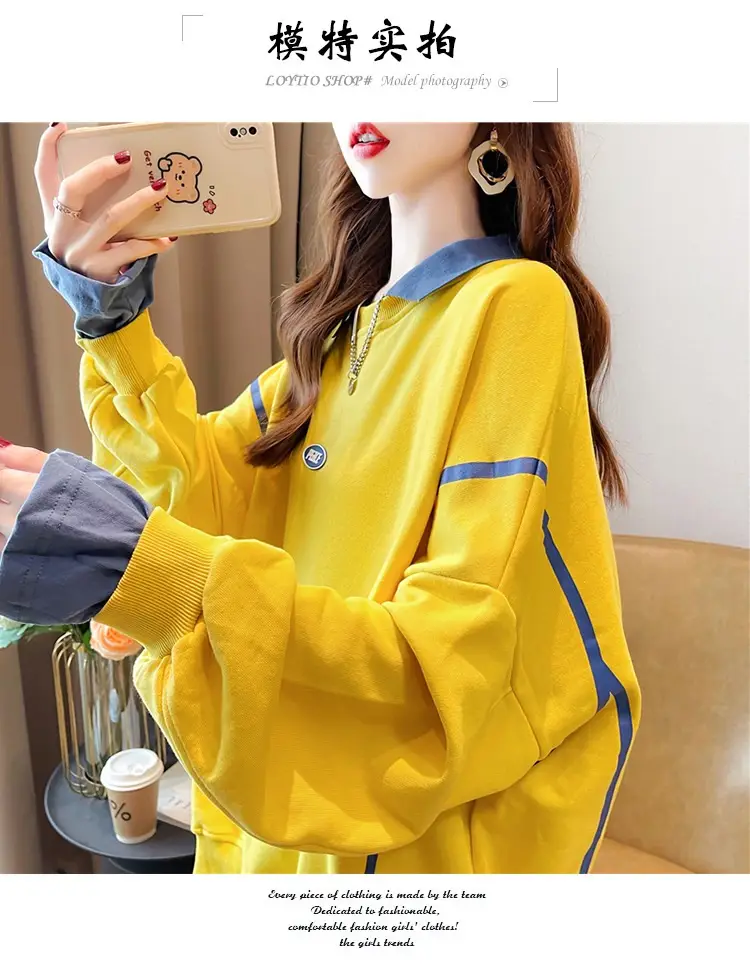 Women Polo Collar Sweater Medium Long Blue Sleeve — feature 3