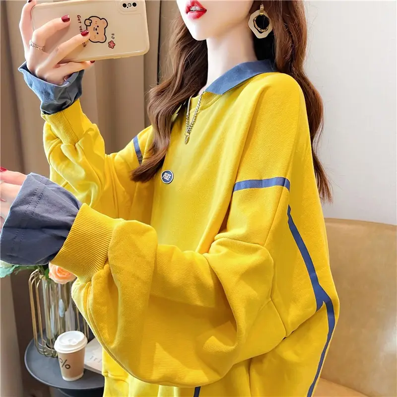 Women Polo Collar Sweater Medium Long Blue Sleeve — feature 30