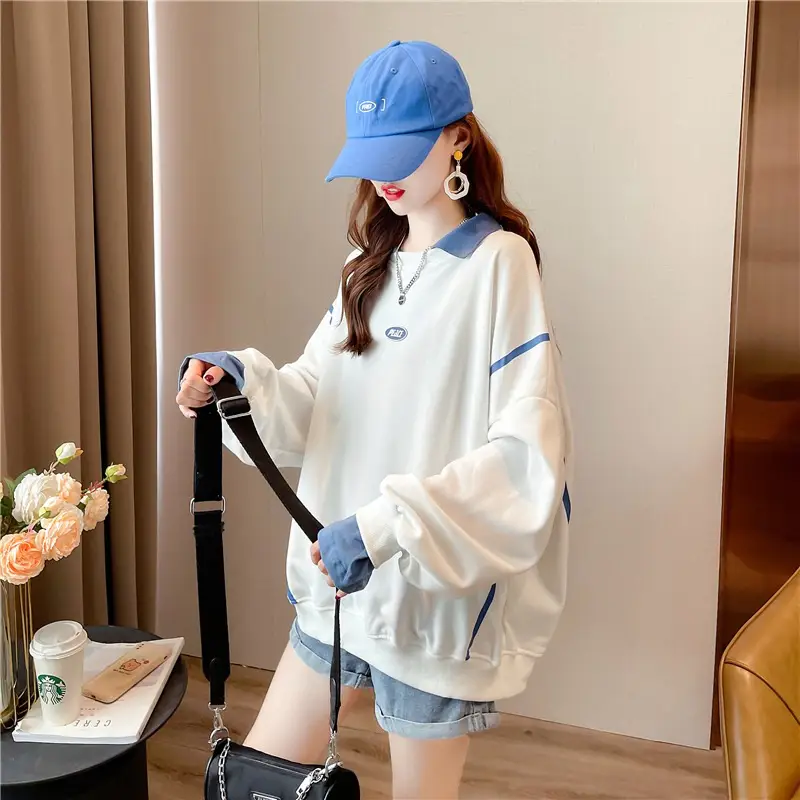 Women Polo Collar Sweater Medium Long Blue Sleeve — feature 32