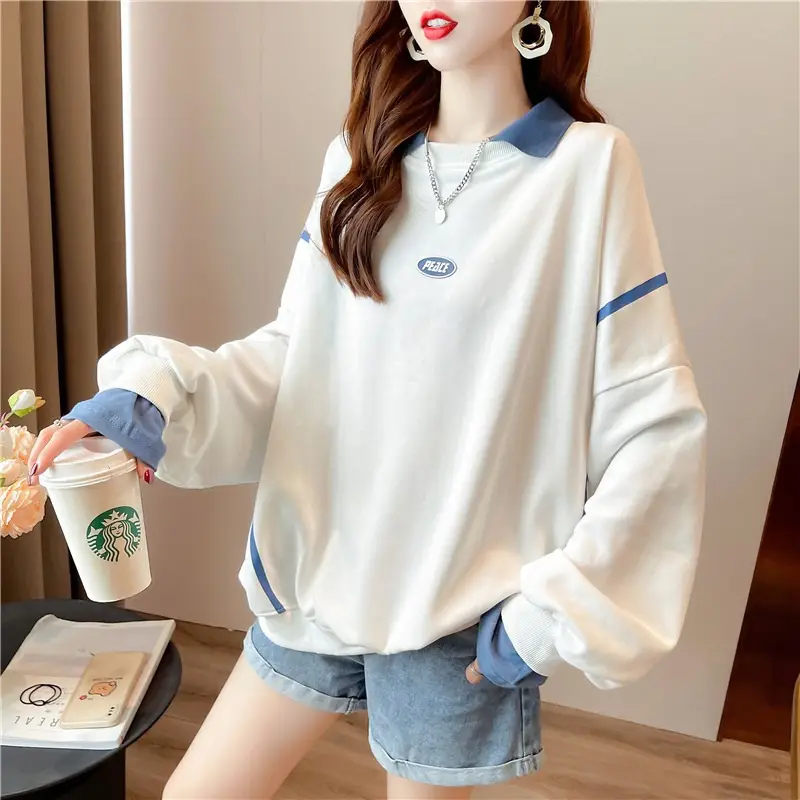Women Polo Collar Sweater Medium Long Blue Sleeve — feature 35