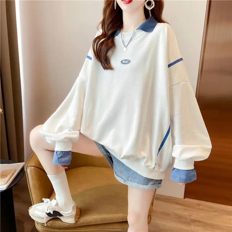 Women Polo Collar Sweater Medium Long Blue Sleeve — feature 36