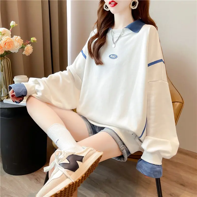 Women Polo Collar Sweater Medium Long Blue Sleeve — feature 37