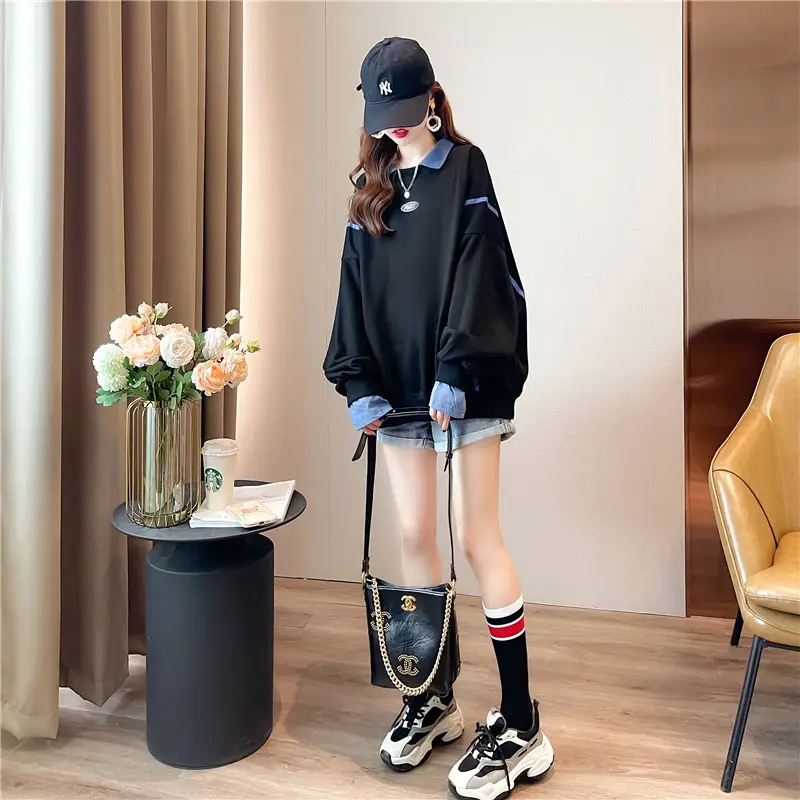 Women Polo Collar Sweater Medium Long Blue Sleeve — feature 39