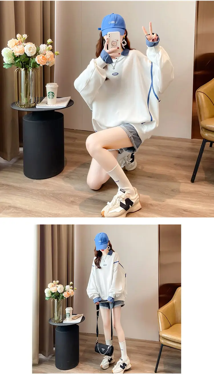 Women Polo Collar Sweater Medium Long Blue Sleeve — feature 4