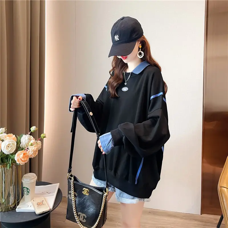 Women Polo Collar Sweater Medium Long Blue Sleeve — feature 40