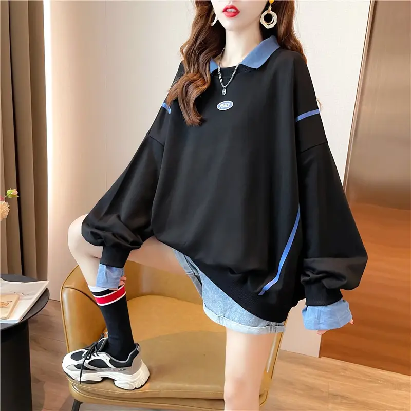 Women Polo Collar Sweater Medium Long Blue Sleeve — feature 44