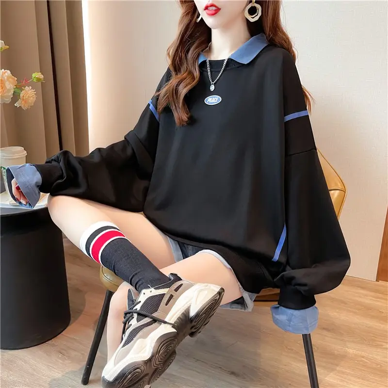 Women Polo Collar Sweater Medium Long Blue Sleeve — feature 45