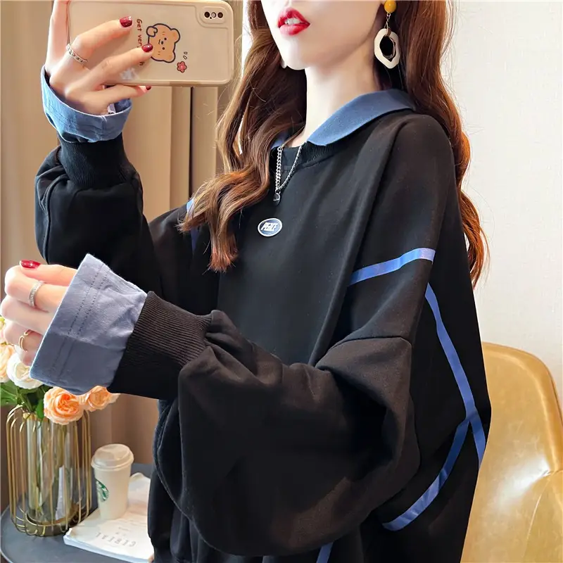 Women Polo Collar Sweater Medium Long Blue Sleeve — feature 46