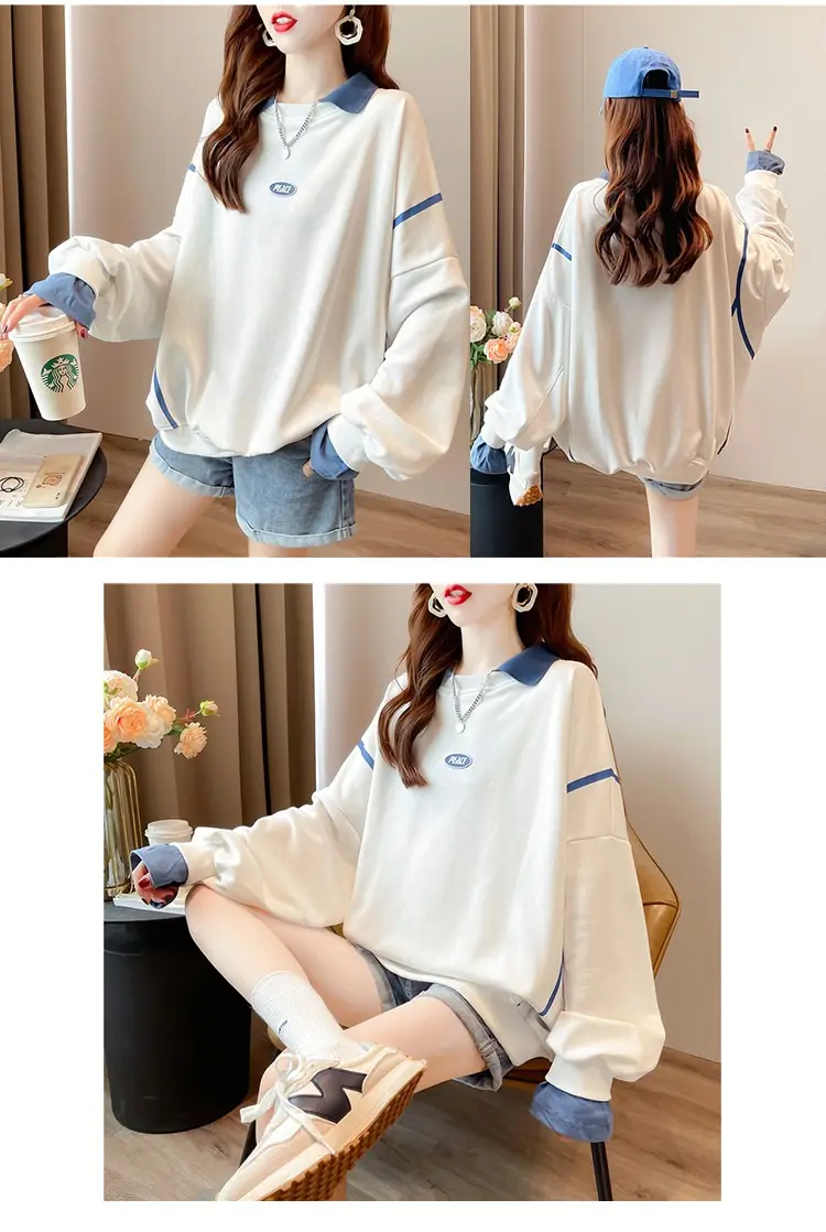 Women Polo Collar Sweater Medium Long Blue Sleeve — feature 5