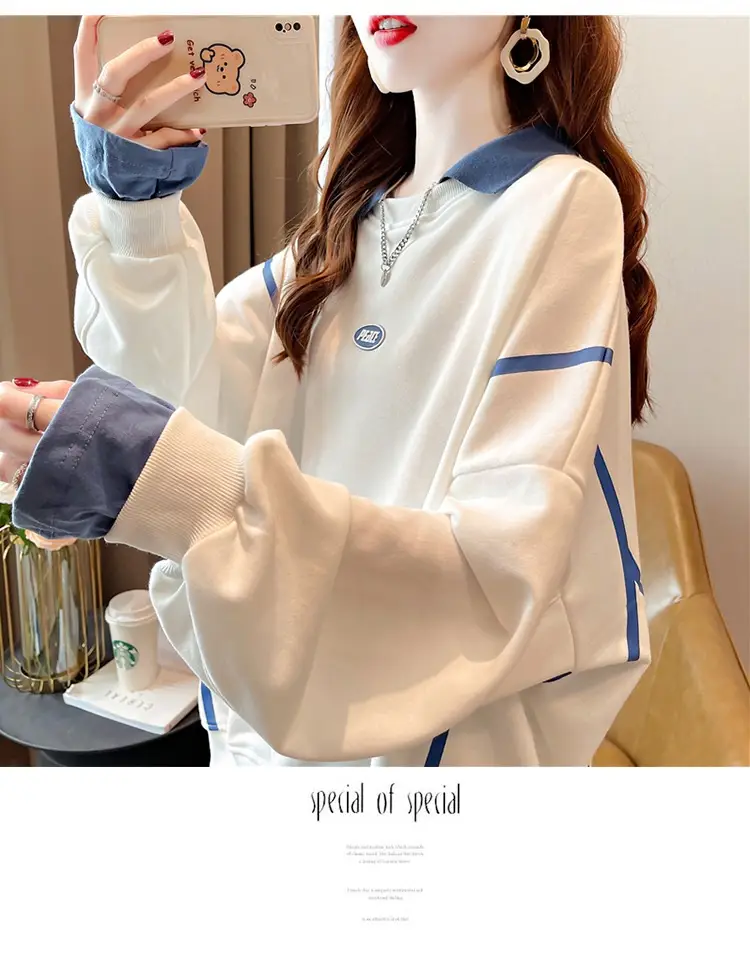 Women Polo Collar Sweater Medium Long Blue Sleeve — feature 6