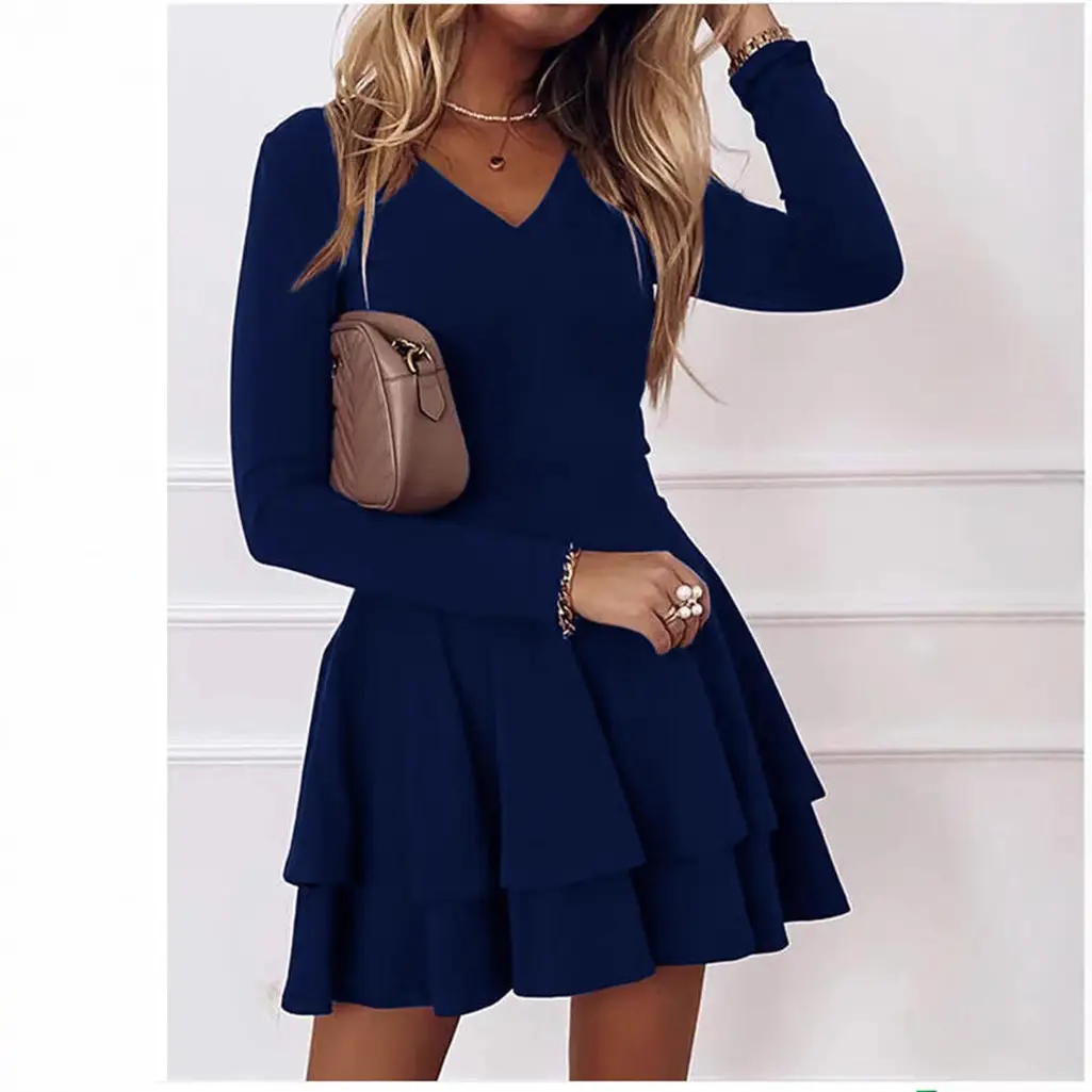 2025 Women's Layered V-Neck Dress Navy Blue - Image 4