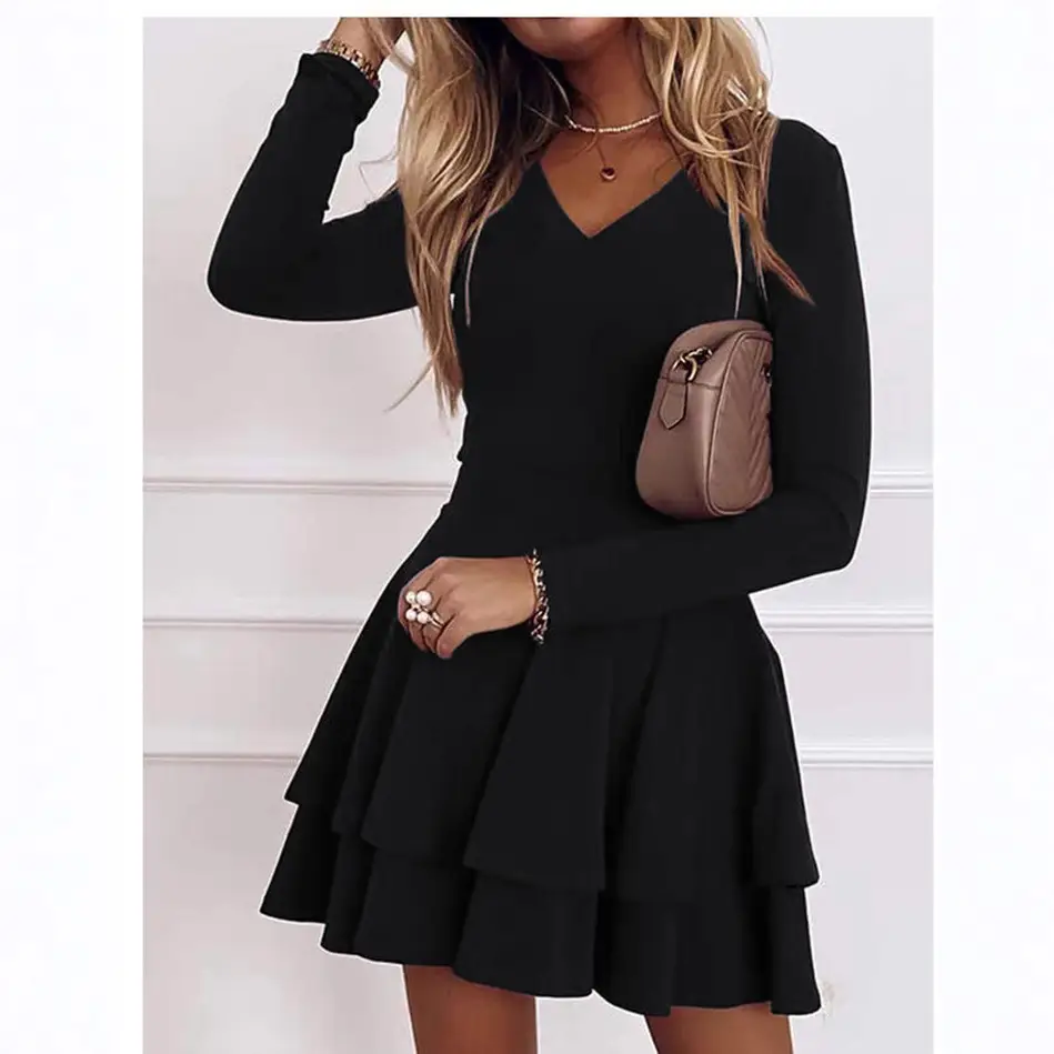 2025 Women's Layered V-Neck Dress Navy Blue - Image 5